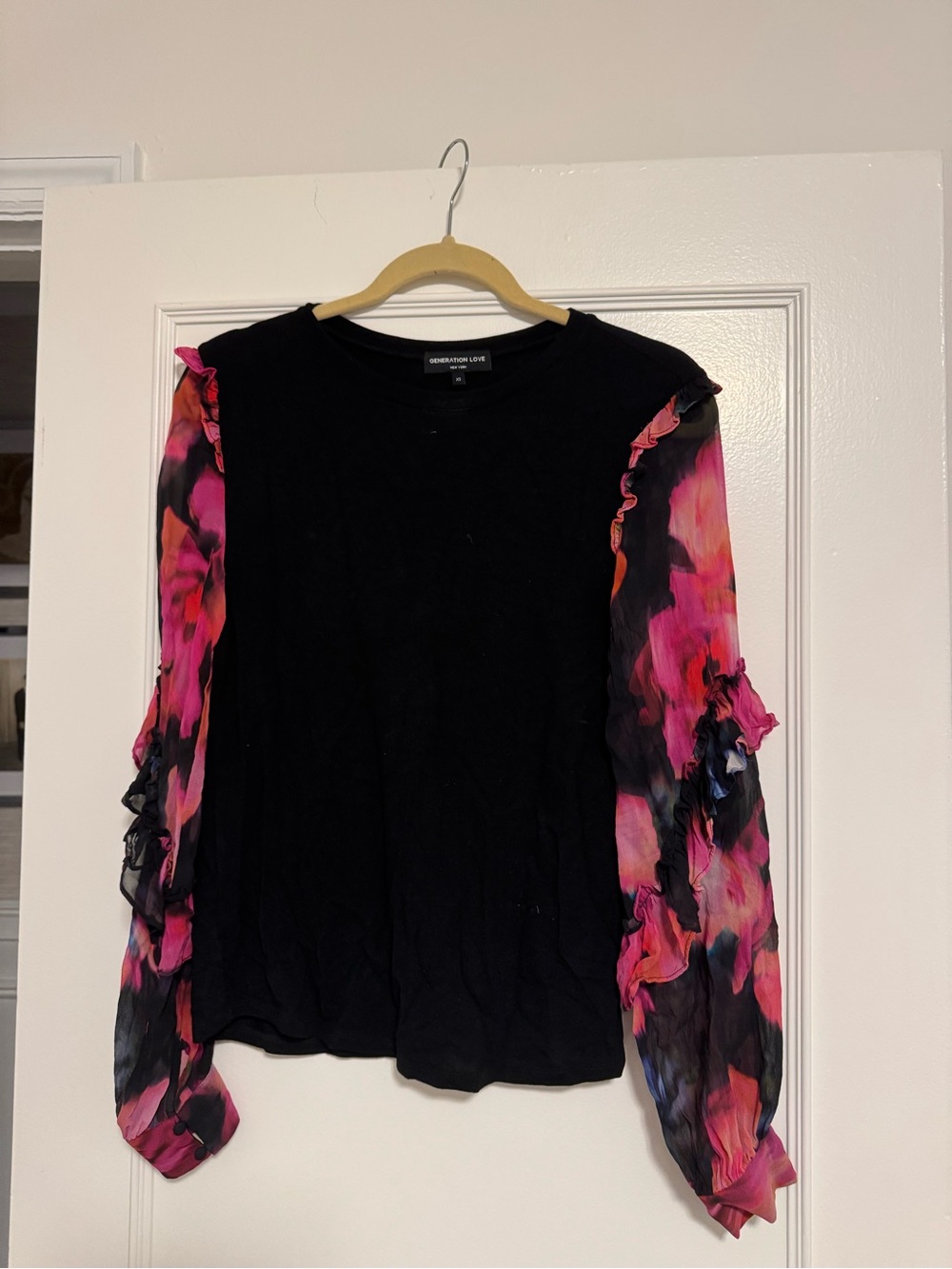 Generation Love Black Top with Pink Floral Sheer Ruffled Sleeves